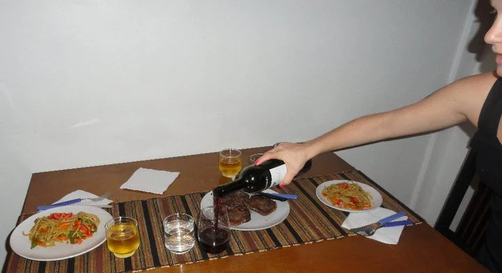 Making up to Jeff by cooking a legit Argentine dinner...veggie noodles, steak and Malbec. *Notice the obvious lack of anything resembling milk.* 