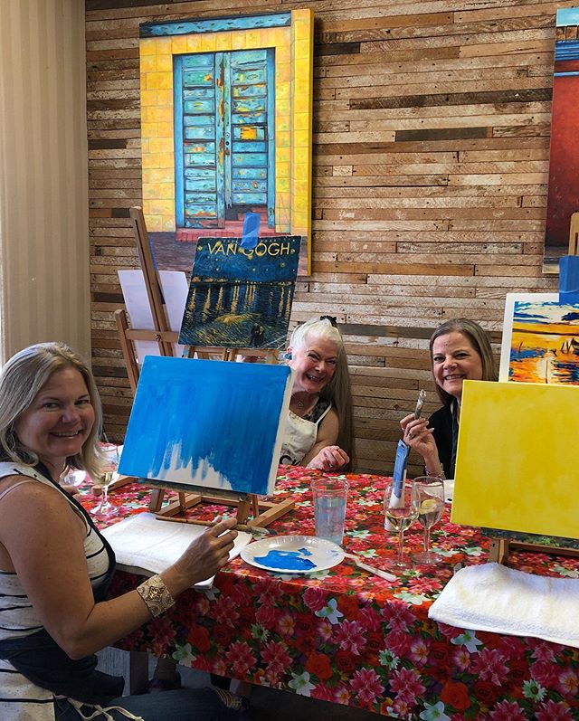 Let the fun continue with painting and wine!! Im happy to say I think we all did pretty good! PS- Sandy&rsquo;s is pic 4 and Grambo&rsquo;s is the last pic! #winemakesmepaint #sandiego #artiste