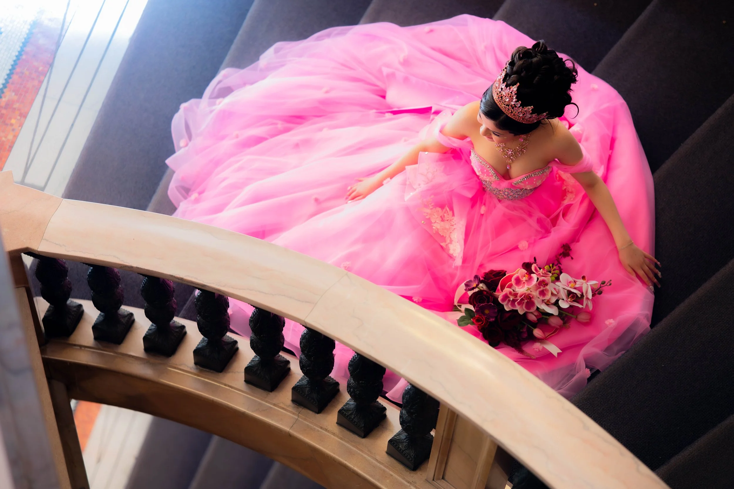 Chicago Quinceañera Photographer | Staircase Portrait in Pink Quinceañera dress