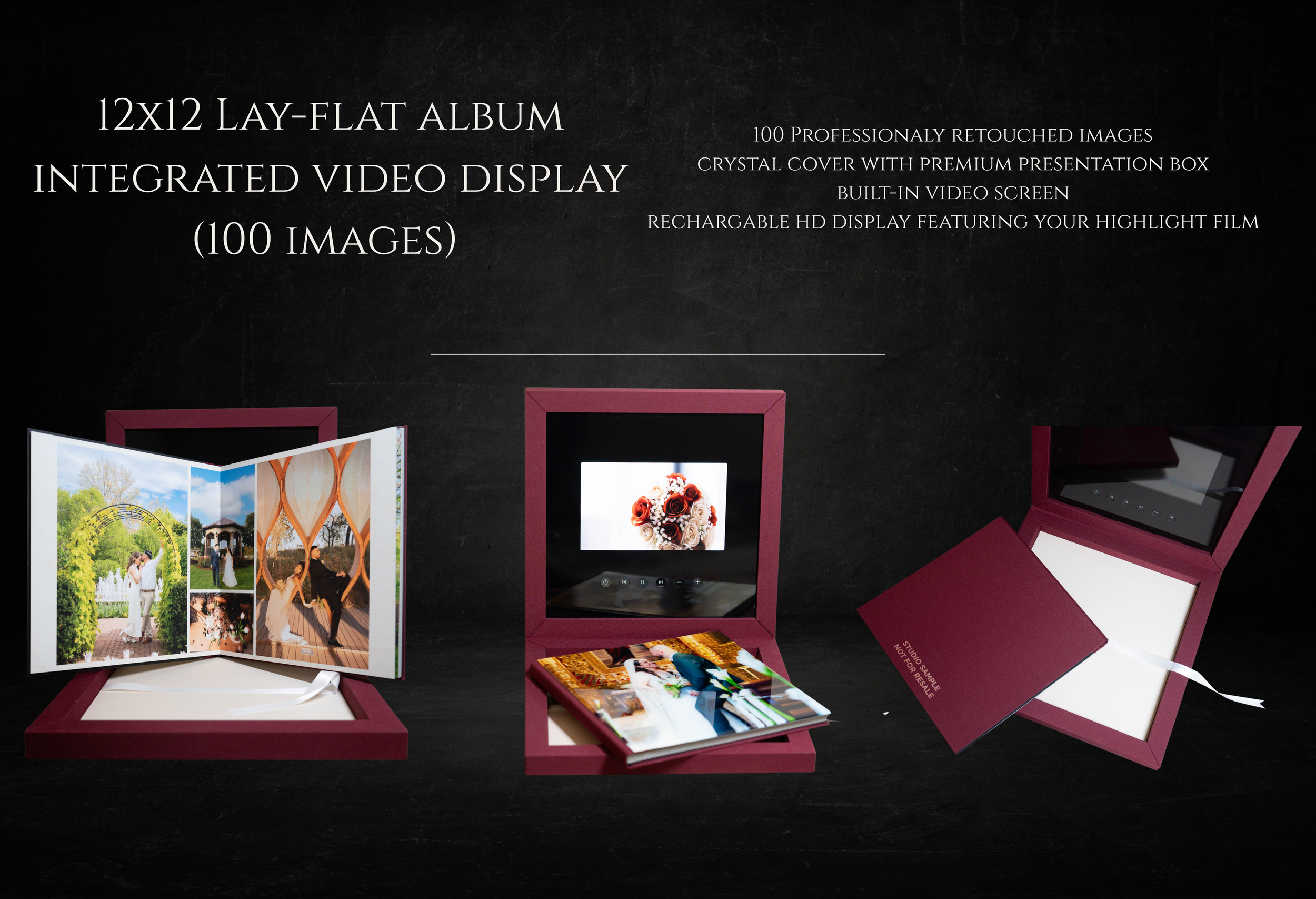 High end crystal cover wedding photography photo album with built in hd screen.