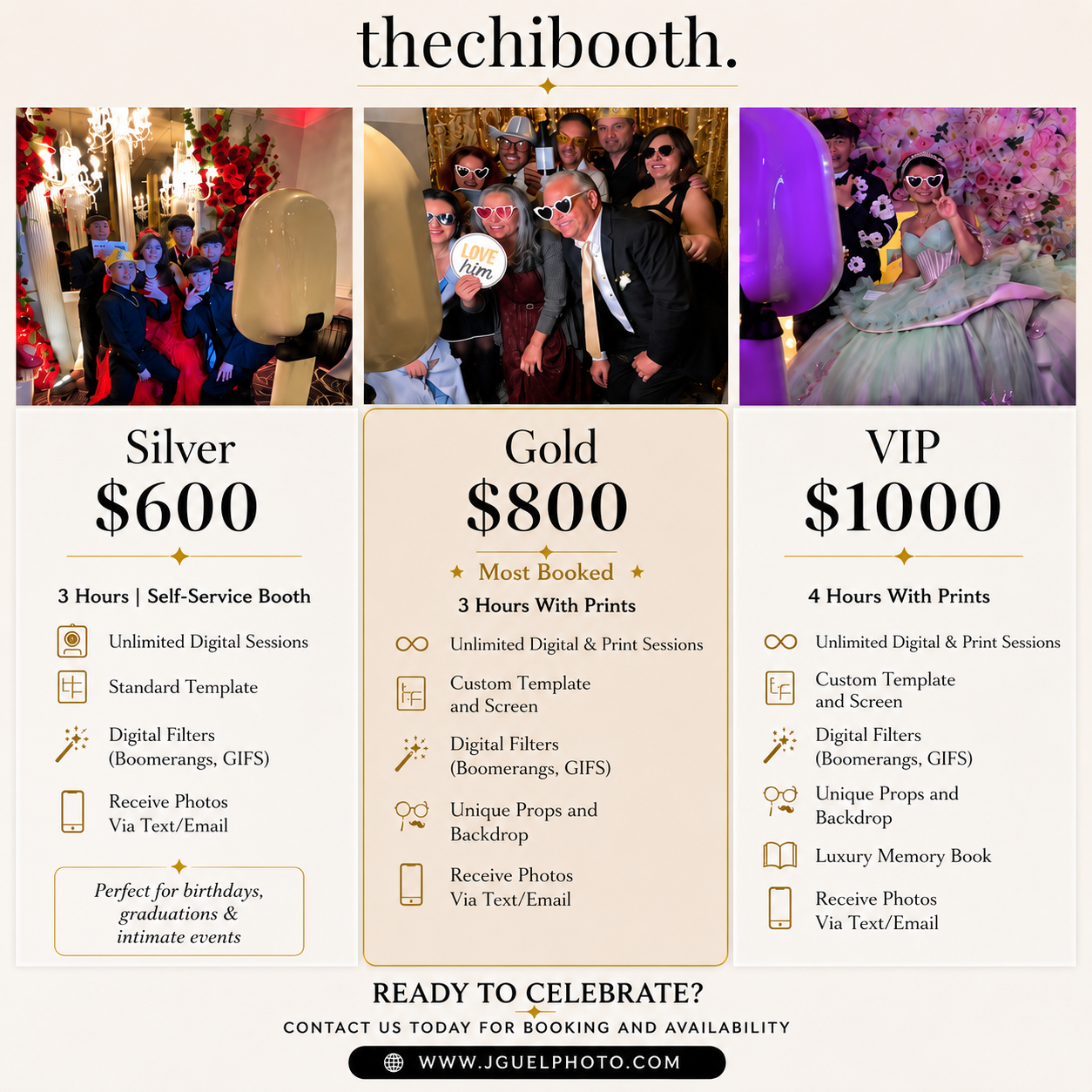 The Chi Booth Photo Booth Packages in Chicago featuring Silver ($600), Gold ($800), and VIP ($1000) options for weddings, quinceañeras, corporate events, birthdays, and special celebrations.