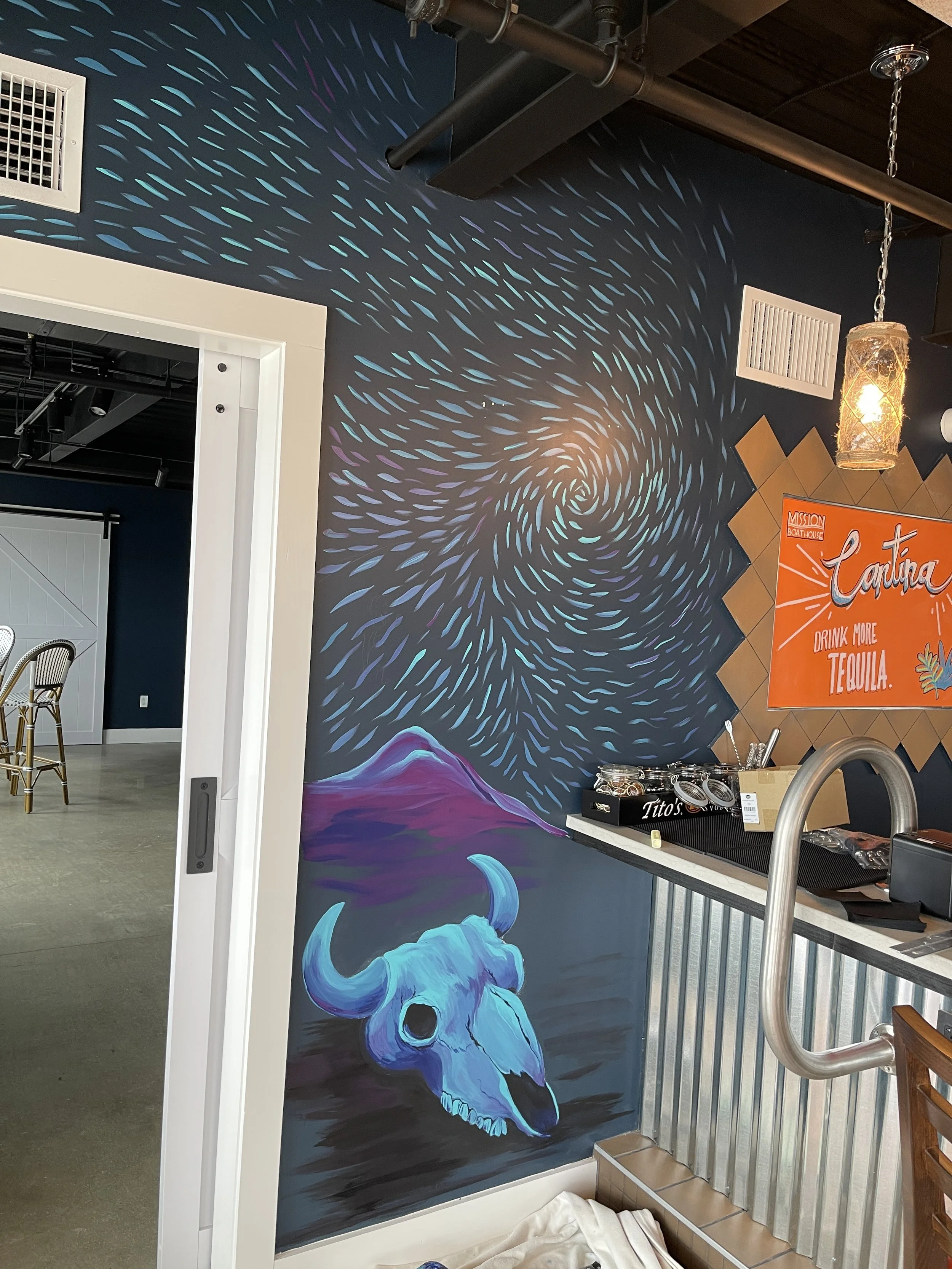 Cantina mural, Mission on the Bay, Beverly. 2023. 