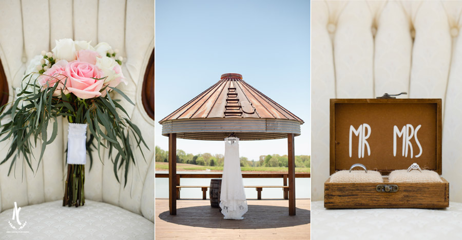 Bride's bouquet, rustic wedding dress, and wedding bands in a custom box.