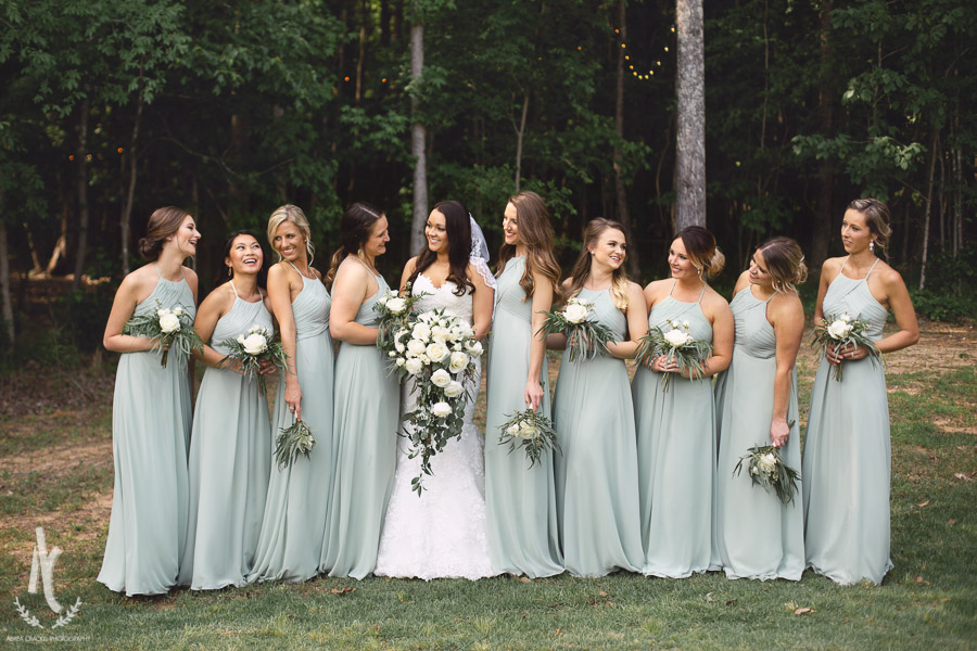 Bridesmaids in sage green and teal 