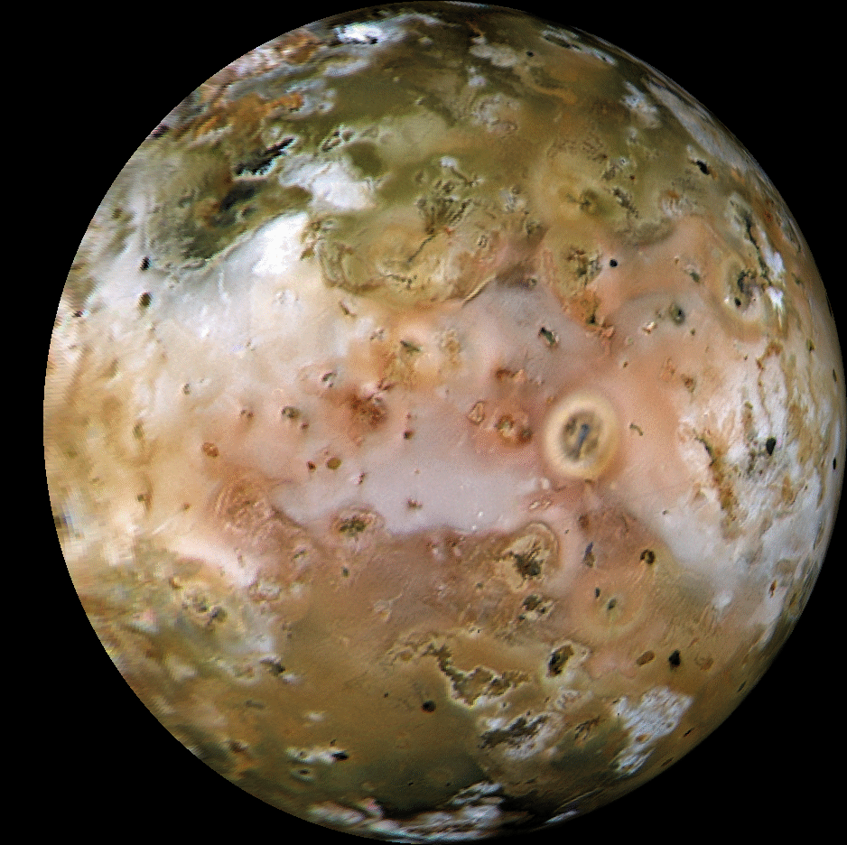 Enhanced color image of Io. Every mark is a mountain and volcano! Credit: LPI. 
