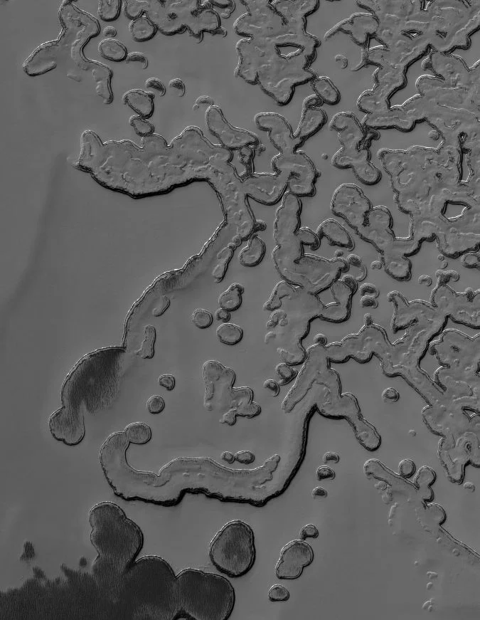 Circular and noodle pitting patterns of the Swiss cheese terrain. Credit: HiRISE.