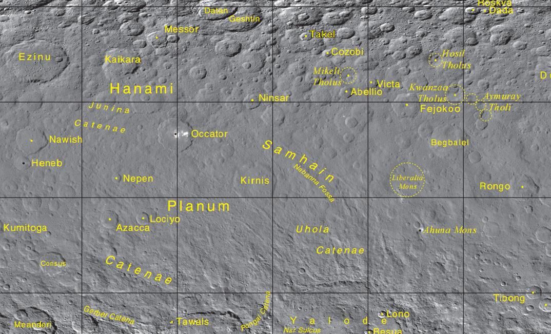 Crater names on Ceres are named after worldly deities of agriculture! Image credit: IAU