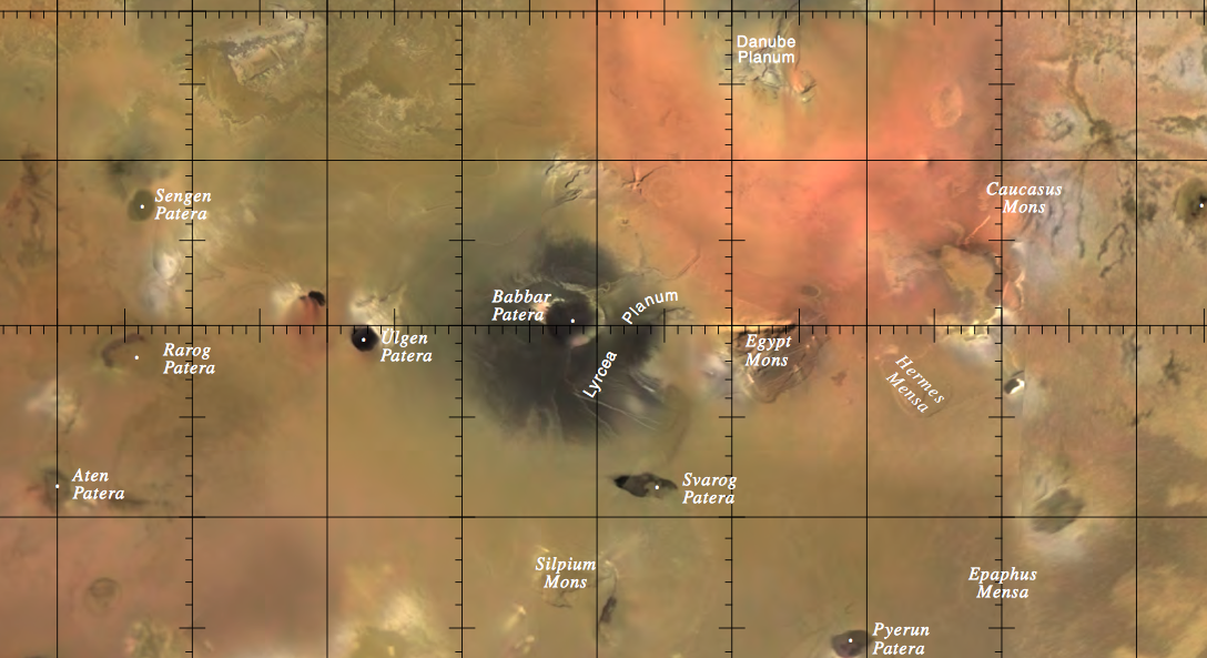 Nomenclature map section of Io, Jupiter's volcanic moon. Image: IAU.