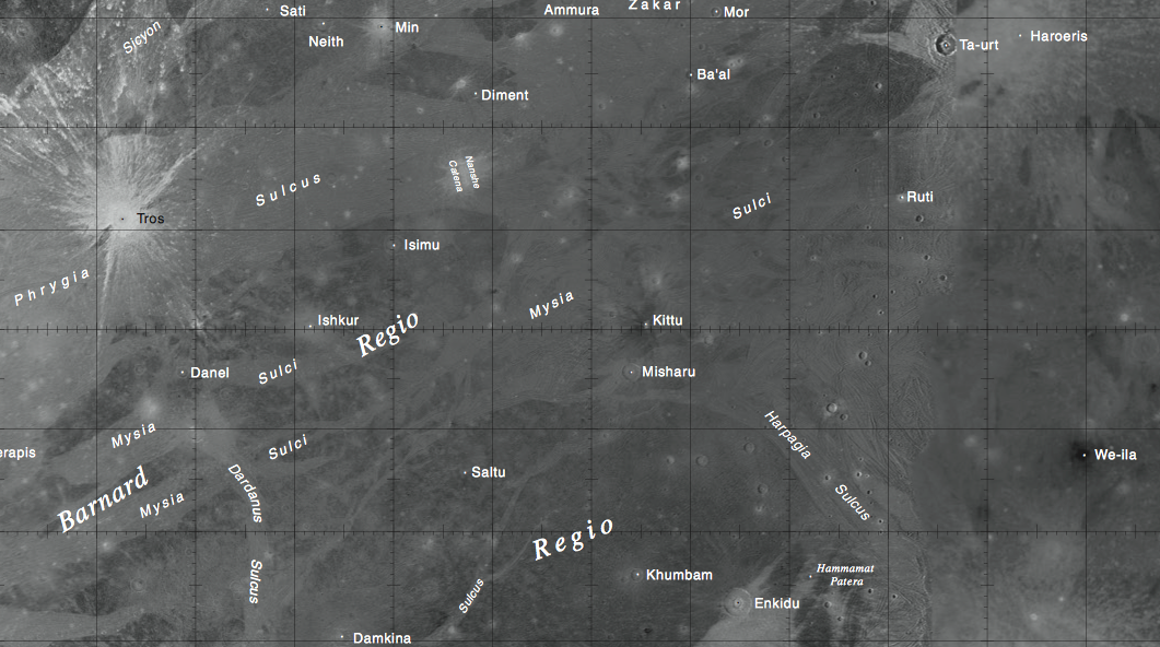Nomenclature map section of Ganymede, Jupiter's largest moon. Image: IAU.