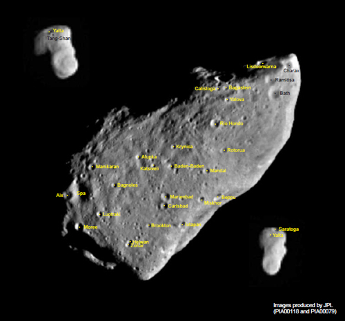 The asteroid, Gaspra, with its worldly-spa-location names! Credit: IAU.