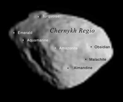 This is the asteroid, Steins. What do you notice about the names of craters? Image credit: IAU.