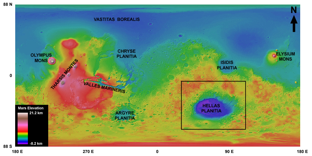 Elevation map of Mars showing how deep Hellas Basin is compared to the rest of the planet. Image credit: Planetary Science Institute.