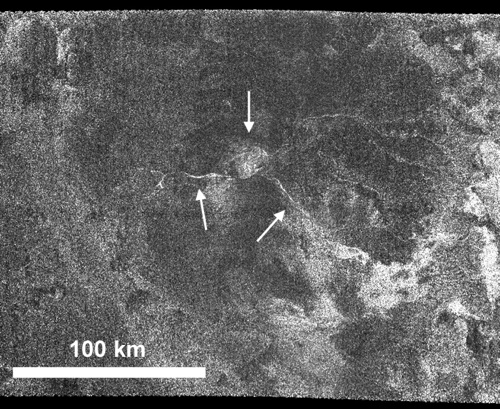 Ganesa Macula, a possible cryovolcano with flow features on the surface of Titan. Image credit: IAG Planetary Geomorphology Working Group/PSI. 