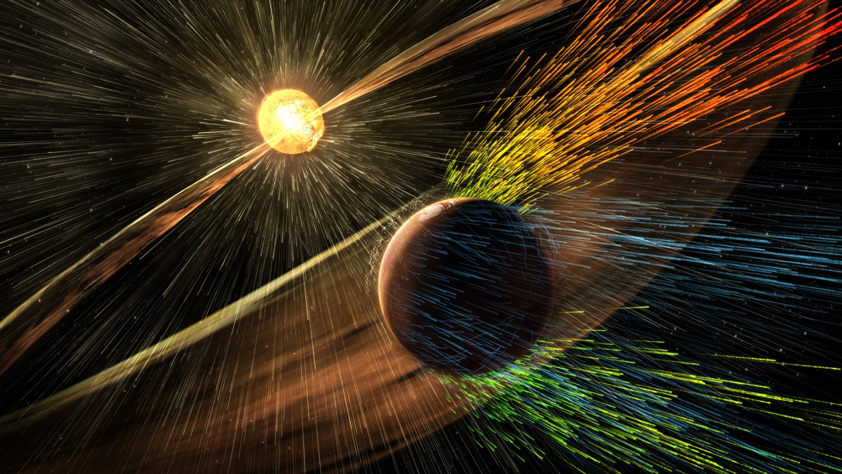 Artist illustration of Mars' blasted upper atmosphere from solar radiation and strong solar winds. Image credit: NASA/GSFC.