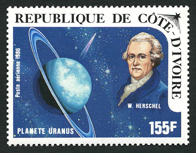 Ivory Coast, 1986 stamp of William Herschel and Uranus. From the Stanley Gibbons collection no. 875.