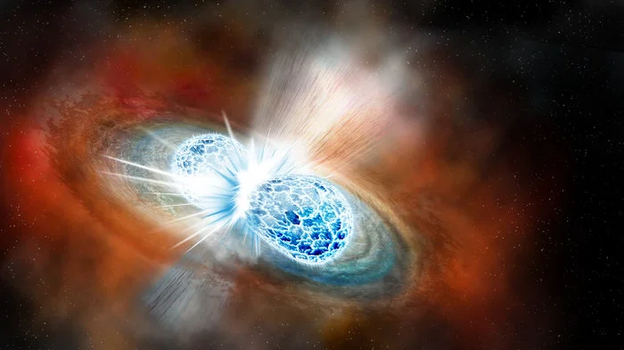 The collision of two neutron stars, seen in an artist's rendering, created both gravitational waves and gamma rays. Image credit: Robin Dienel/Carnegie Institution for Science