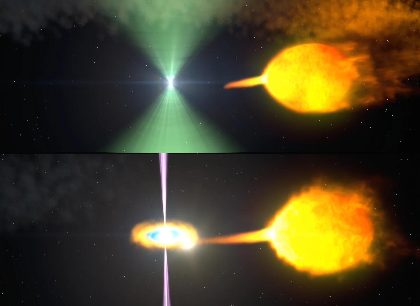 Depiction of a companion star getting torn apart into the Black Widow pulsar's spinning web of destruction! Image credit: NASA Goddard Space Flight Center
