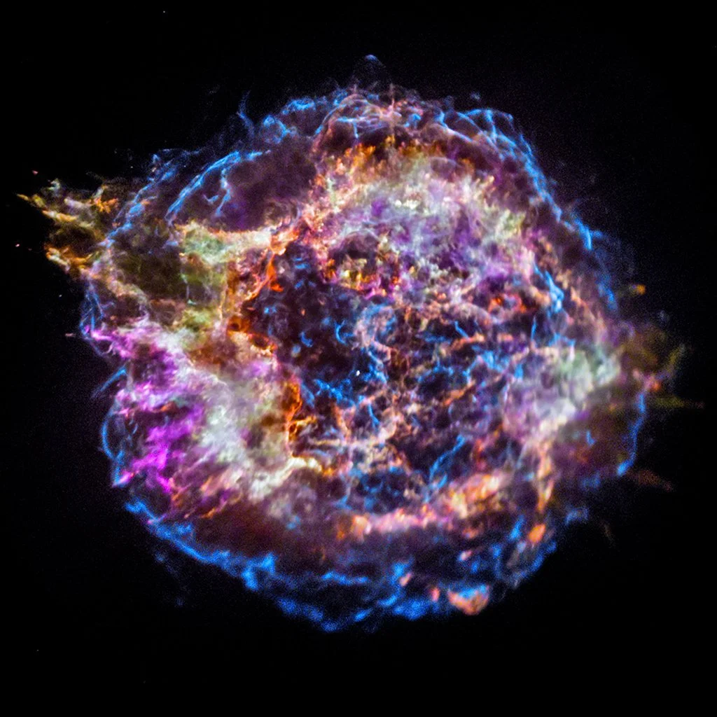 Cassiopeia A supernova remnant as imaged by Chandra! Each color corresponds to a particular element! Image credit: NASA/CXC/JHUAPL