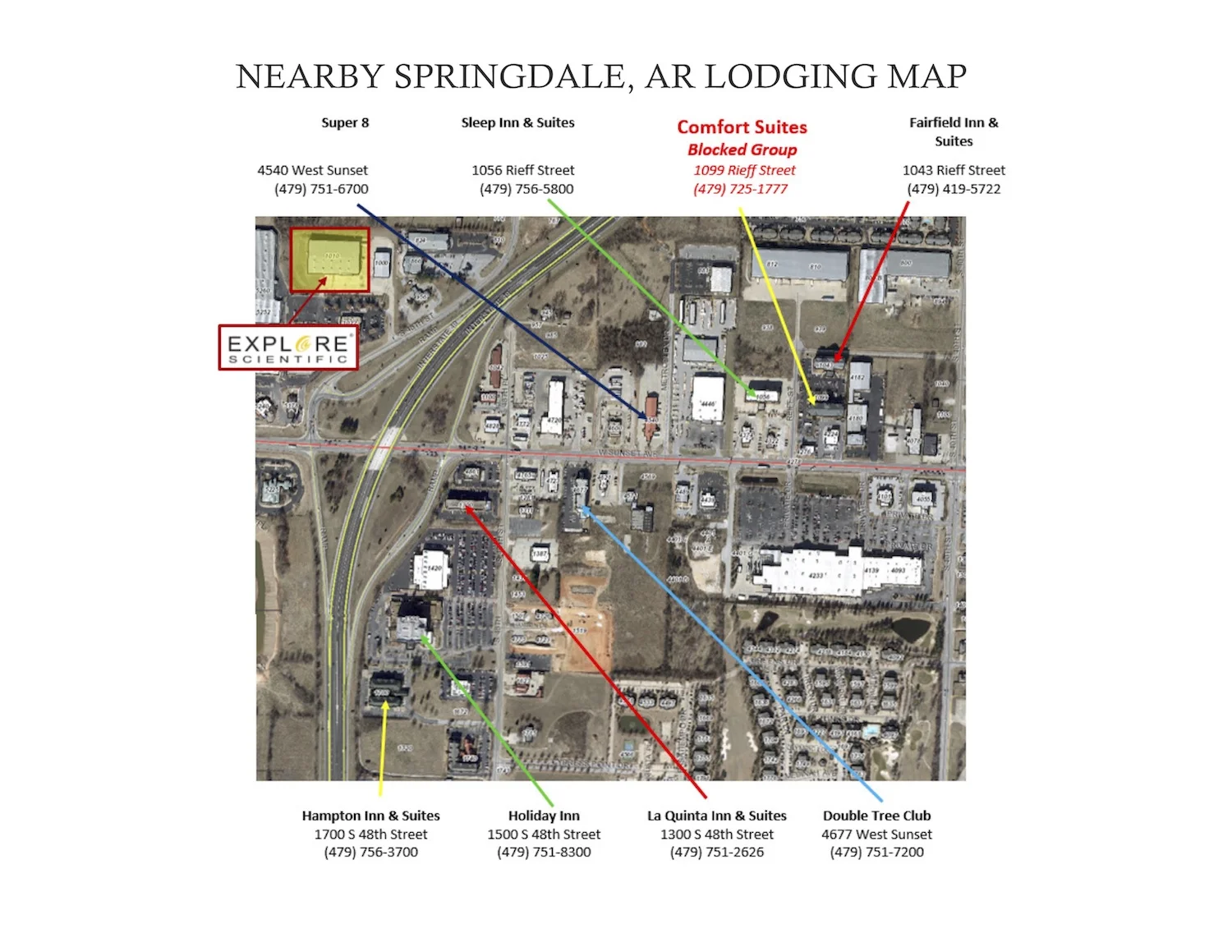 Note the room block at Comfort Suites. Multiple other lodging options are available.