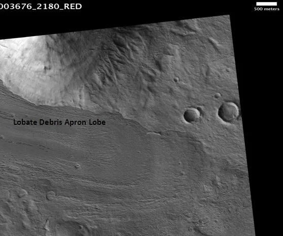 Lobate debris apron in Phlegra Montes, as seen by HiRISE. Scale bar is 500 meters long.