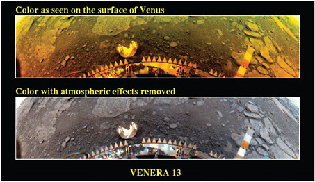 Image taken of the surface of Venus by Venera 13 in 1982. These images depict the distorting effects of the thick Venusian atmosphere. SOURCE: C.M. Pieters, et al., The color of the surface of Venus, Science 234:1379-1383, 1986. 