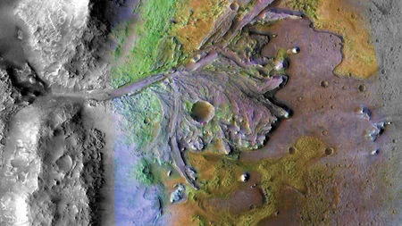 Jezero Crater on Mars with its prominent and gorgeous delta fan! Credit: NASA/JPL-Caltech/MSSS/JHU-APL