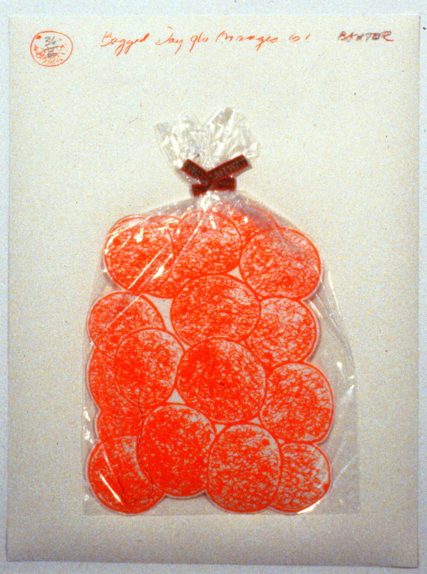 Bagged Day-glo Orange , 1967, Iain Baxter, serigraph, edition 36/50, 15" x 20", 1985.03.05. Simon Fraser Centennial Suite Donation. Gift of Jessie Binning.
