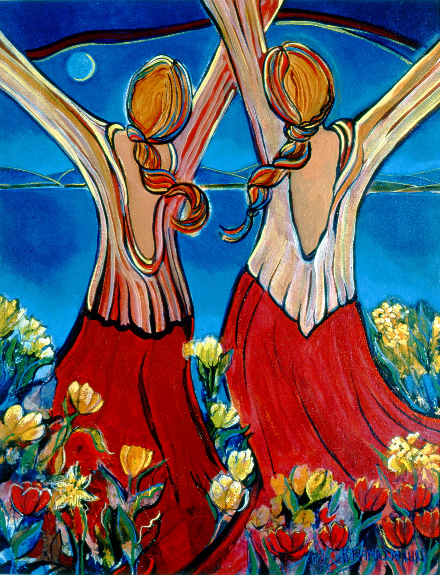 Spring Dancers , 2003, Laila M. Campbell, acrylic and tissue paper on canvas, 45 cm x 35 cm, 2003.01.01. Gift of the artist.