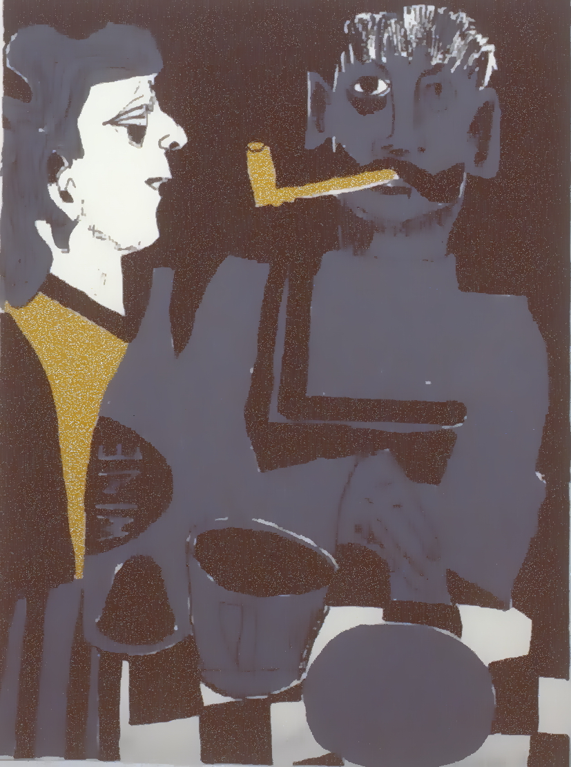 Figures at a Table , 1967, Maxwell Bates, serigraph, edition 36/50, 15" x 20", 1985.03.07. Simon Fraser Centennial Suite Donation. Gift of Jessie Binning.