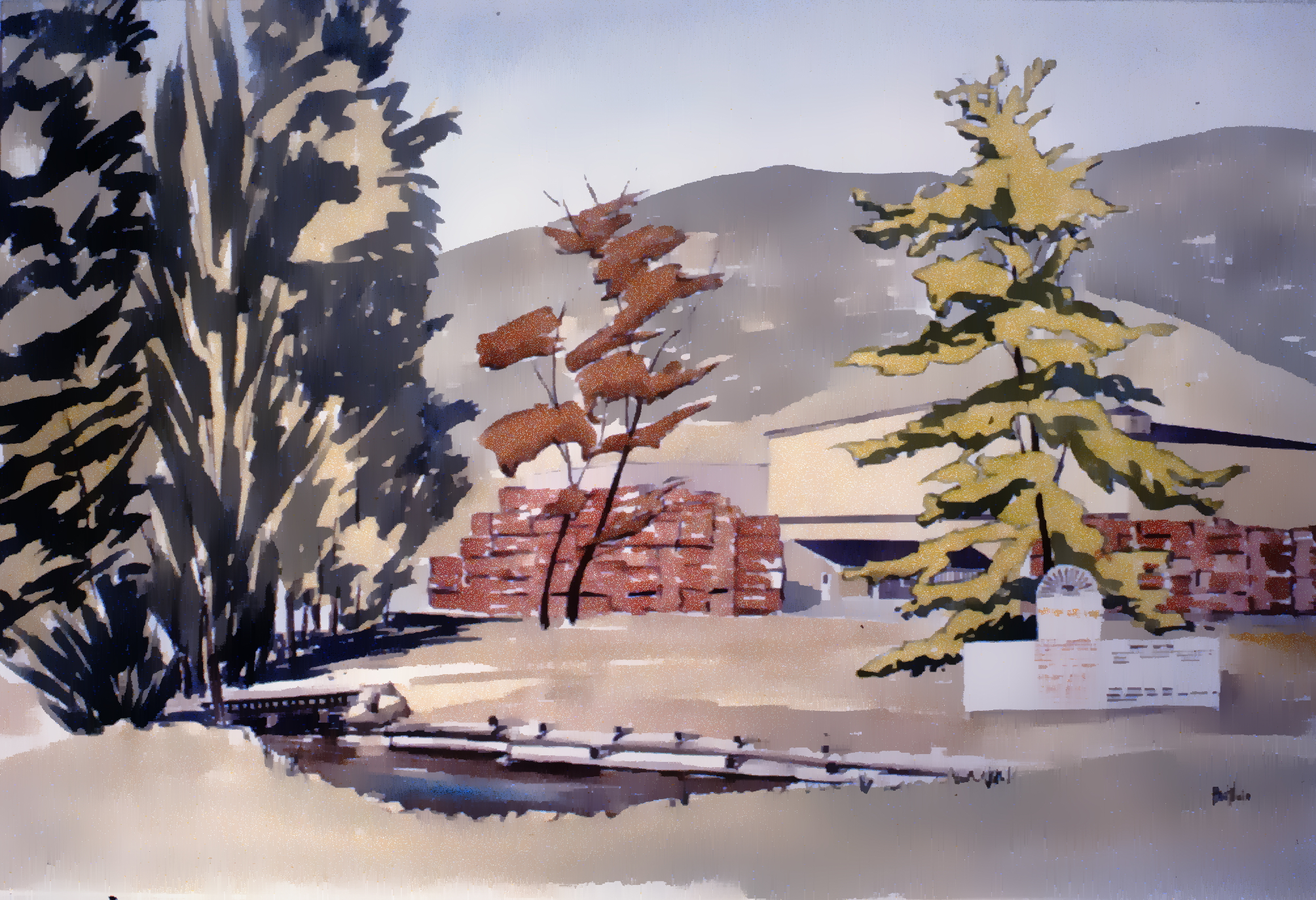 Art Gallery Site with Packing House , c. 1985, Herb Brittain, watercolour on paper, 13" x 21", 1986.05.01. Gift of the artist.