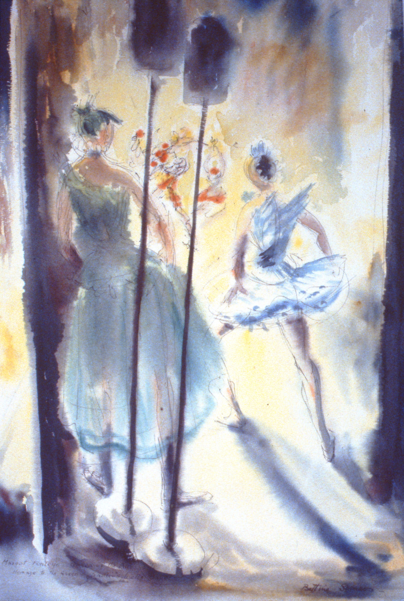 Margot Fonteyn (Homage to the Queen), c. 1953, Bettina Somers, watercolour and ink on paper, 58 x 39 cm, 1990.01.02. Gift of the artists' estatec/o Mike & Gwen Calverley.