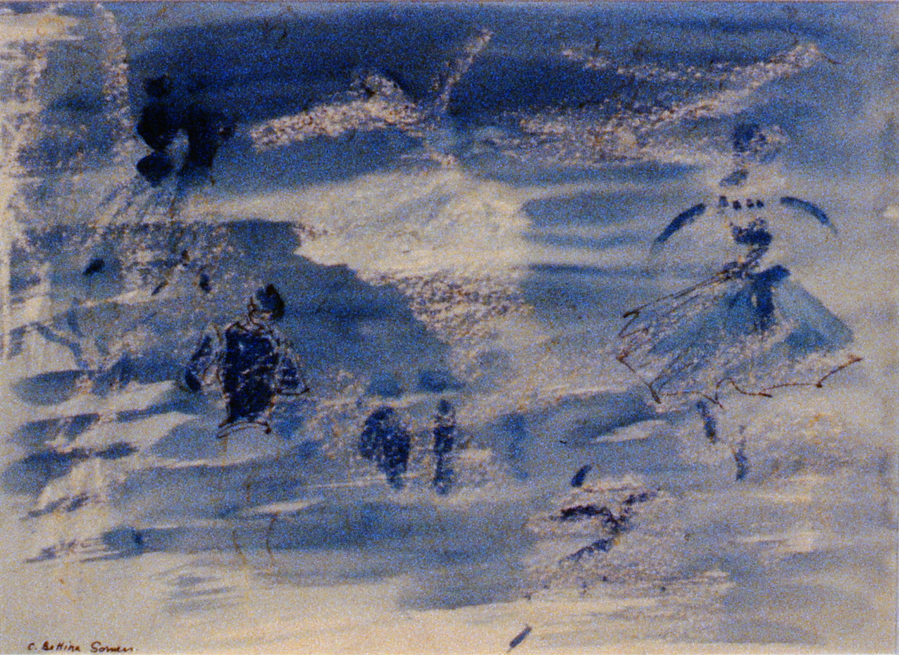Les Patineurs , c. 1950s, Bettina Somers, watercolour, 1990.01.03. Gift of the artist's estate c/o Mike & Gwen Calverley.