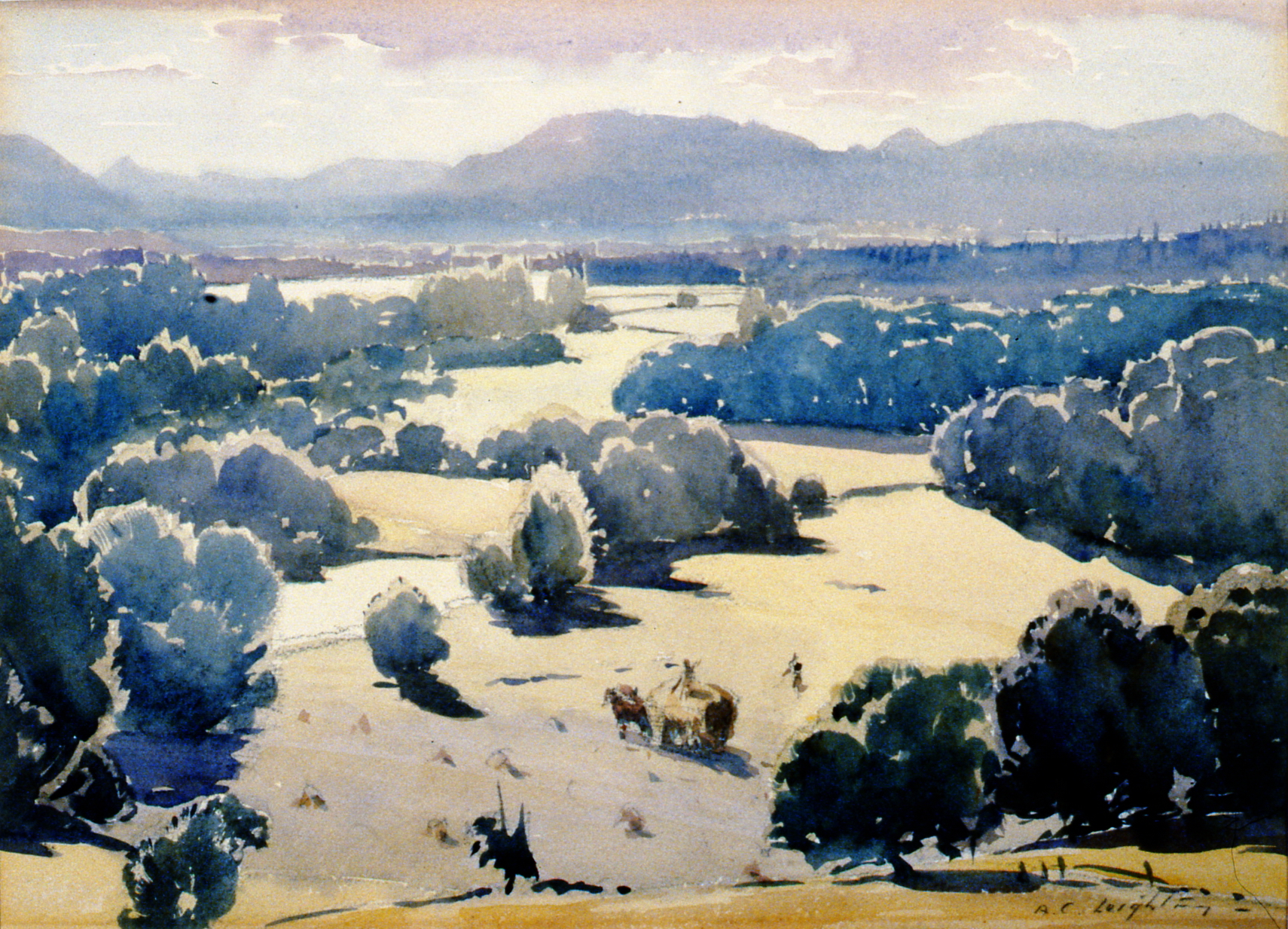 Haying (Kohsilah - near Duncan) , c1931-32, A.C. Leighton, watercolour, 10 1/2"x14 1/4", 1993.02.01