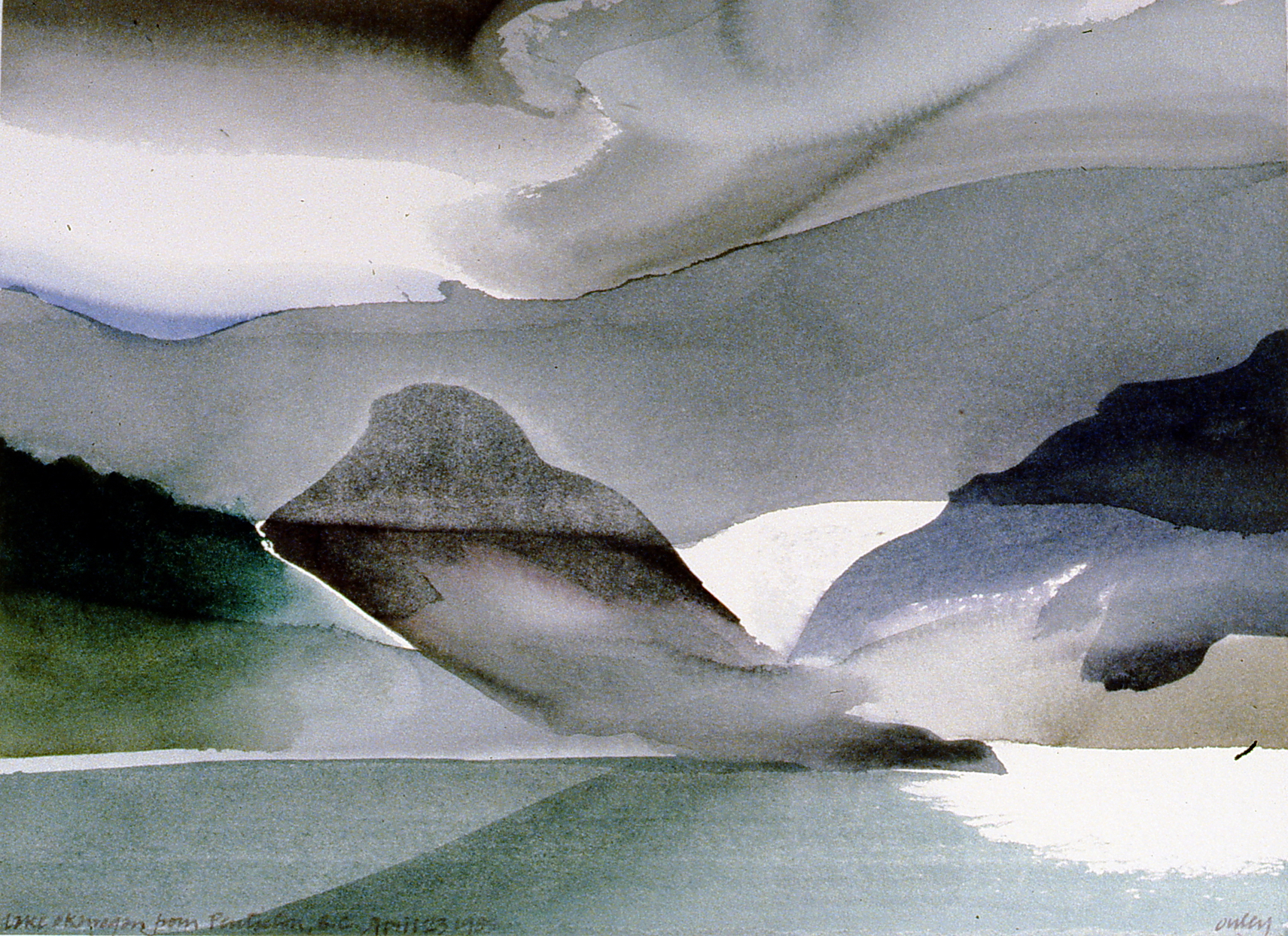 Lake Okanagan from Penticton, BC, April 23rd, 1985, Toni Onley, watercolour on paper, 27.2 x 37.7 cm, 1994.15.01. Gift of the artist.
