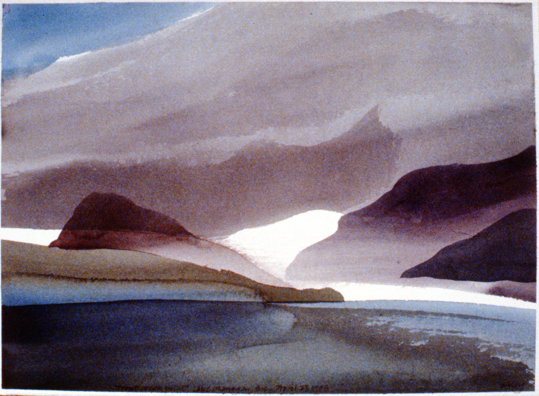 Trout Creek Point, Lake Okanagan , April 23, 1985, Toni Onley, watercolour on paper, 27.2 x 37.7 cm, 1994.15.07. Gift of the artist.