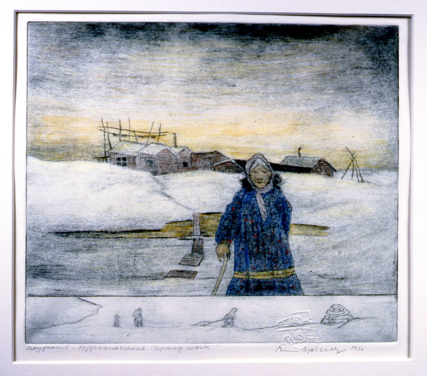 Spring Walk , 1986, Minn Sjølseth, hand-coloured dry point, 21.5 x 25.5 cm, 1996.02.25