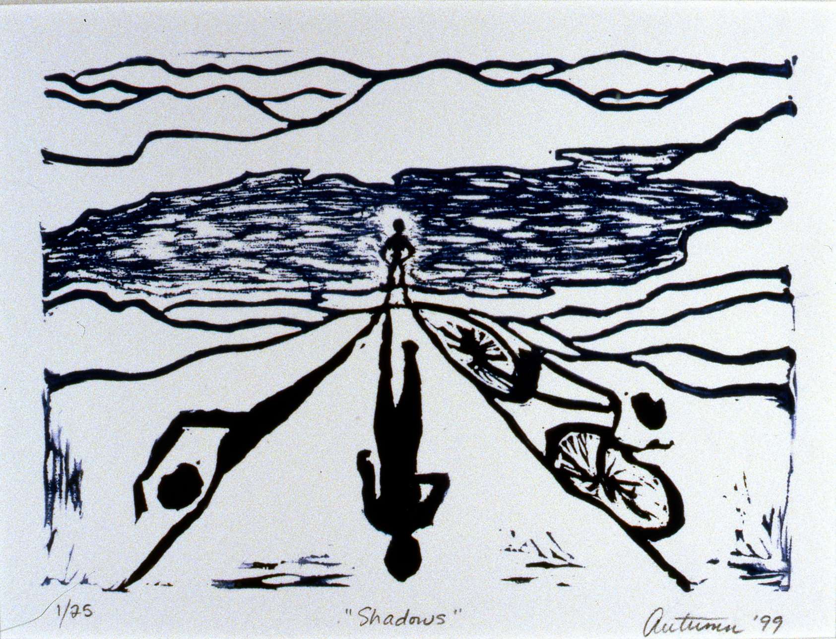 Shadows , Spirit of Ironman Linocut Prints, edition 1/25, 1999, Autumn Bobyk, linocut print, 12.5 x 17.7 cm, 1999.02.01, gift of the artist