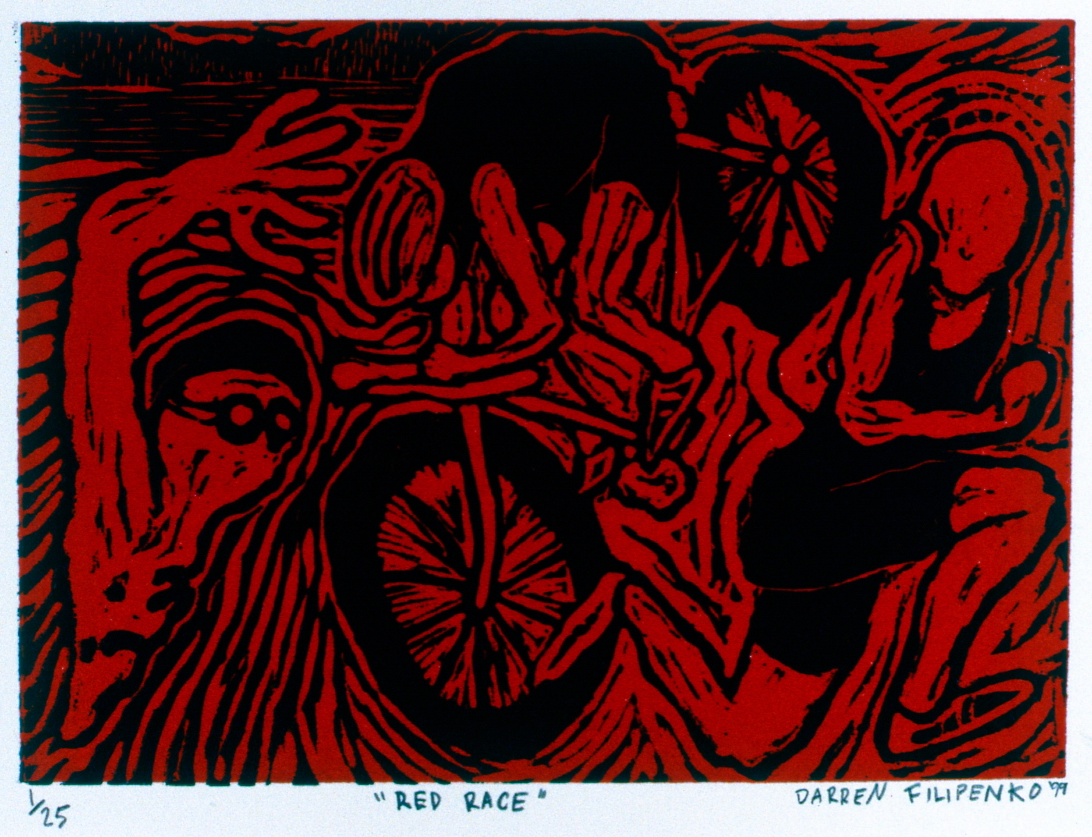 Red Race , The Spirit of Ironman Linocut Prints, edition 1/25, 1999, Darren Filipenko, linocut print, 12.5 x 17.7 cm, 1999.02.03, gift of the artist