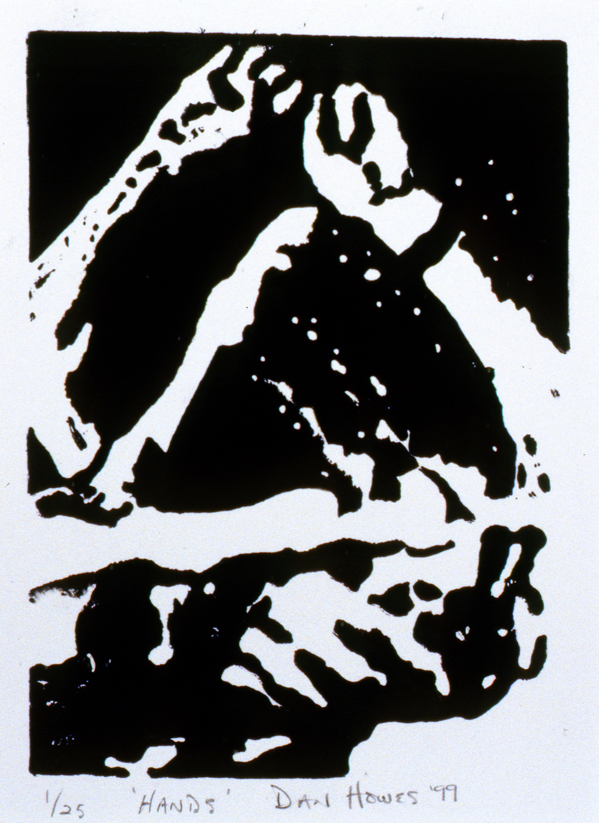 Hands , The Spirit of Ironman Linocut Prints, edition 1/25,1999, Dan Howes, linocut print, 17.7 x 12.5 cm, 1999.02.04, gift of the artist
