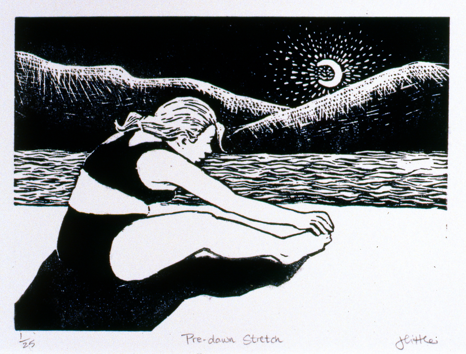 Pre Dawn Sketch, The Spirit of Ironman Linocut Prints, edition 1/25, 1999, Jan Little, linocut print, 12.5 x 17.7 cm, 1999.02.05, gift of the artist