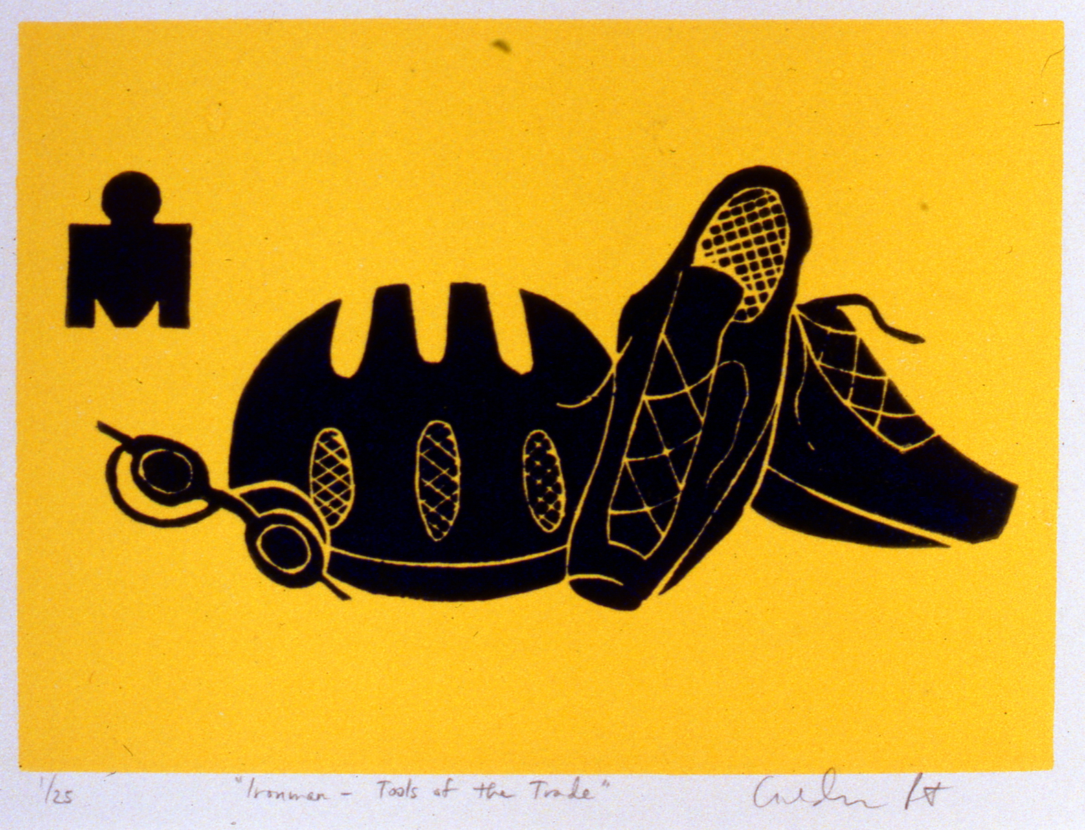 Ironman - Tools of the Trade , The Spirit of Ironman Linocut Prints, edition 1/25, 1999, Geraldine Parent, linocut print, 12.5 x 17.7 cm, 1999.02.06, gift of the artist