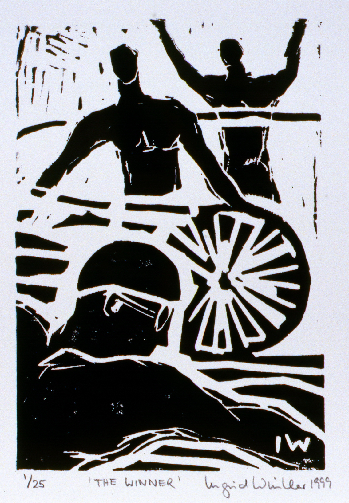 The Winner, 1999, Ingrid Winkler, linocut print, 17.7 x 12.5 cm, 1999.02.07, The Spirit of Ironman Linocut Prints, edition 1/25, gift of the artist