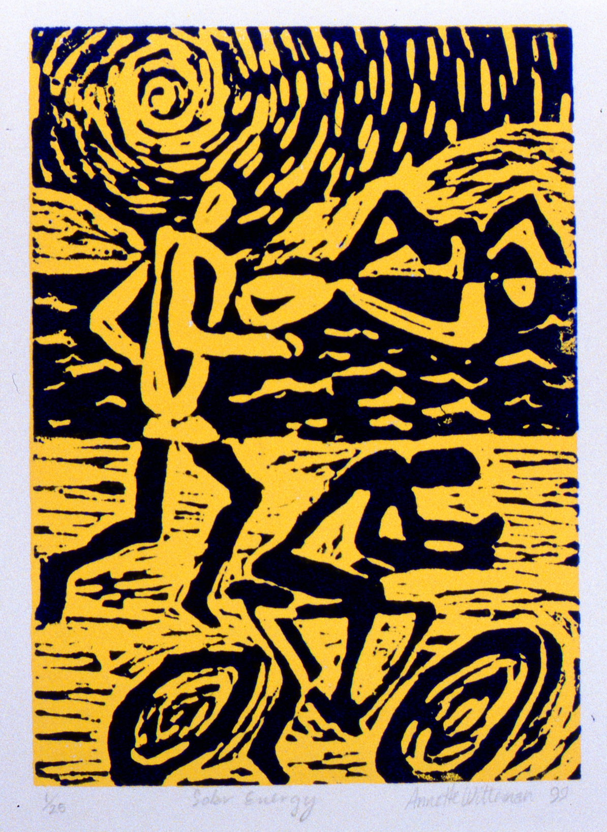 Solar Energy , The Spirit of Ironman Linocut Prints, edition 1/25, 1999, Annette Witteman, linocut print, 17.7 x 12.5 cm, 1999.02.08, gift of the artist