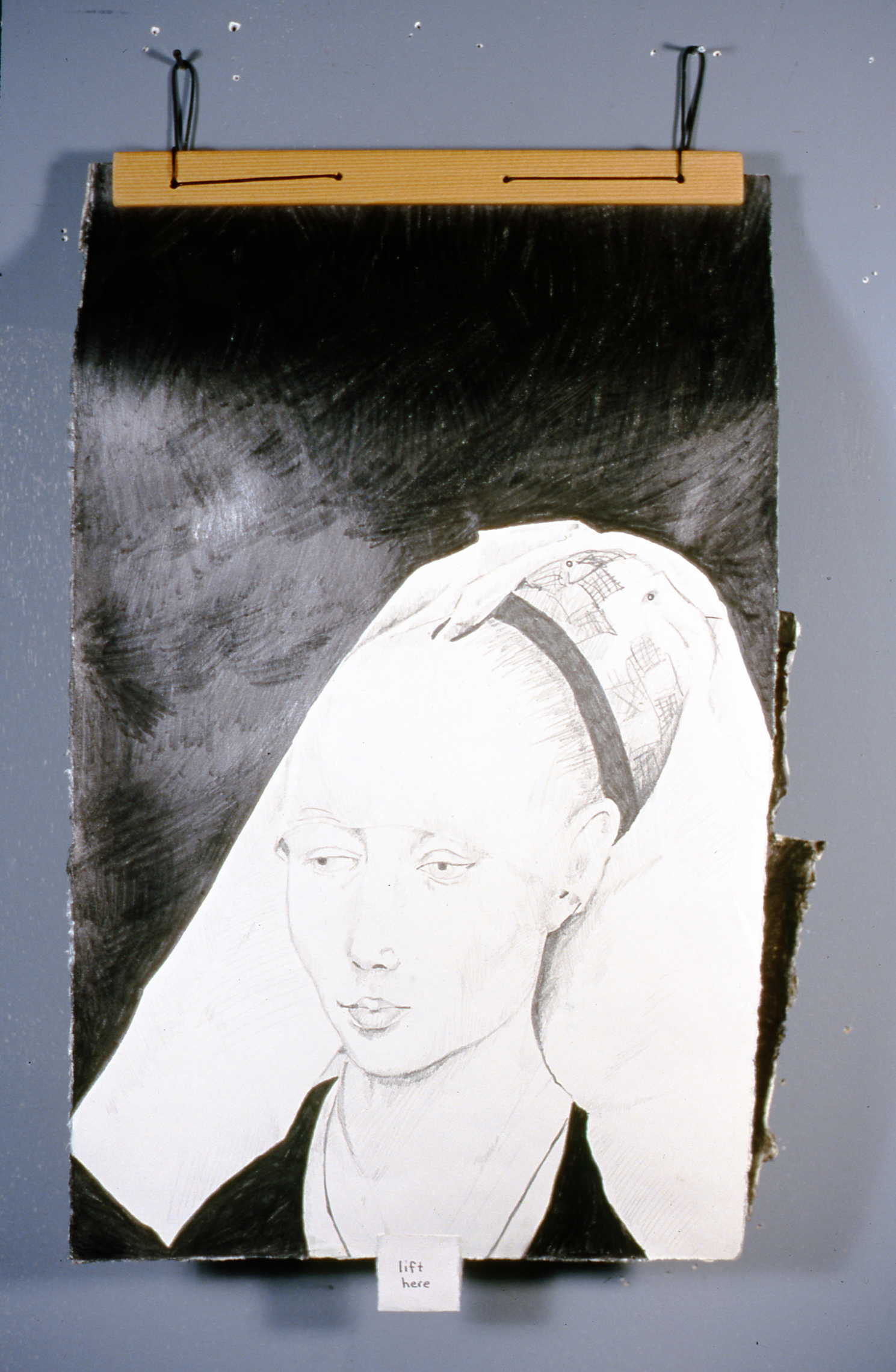 Woman with Headdress 2 , 2000, Richard Motchman, mixed media/ drawing, 17" x 8", 2000.02.01, gift of the artist