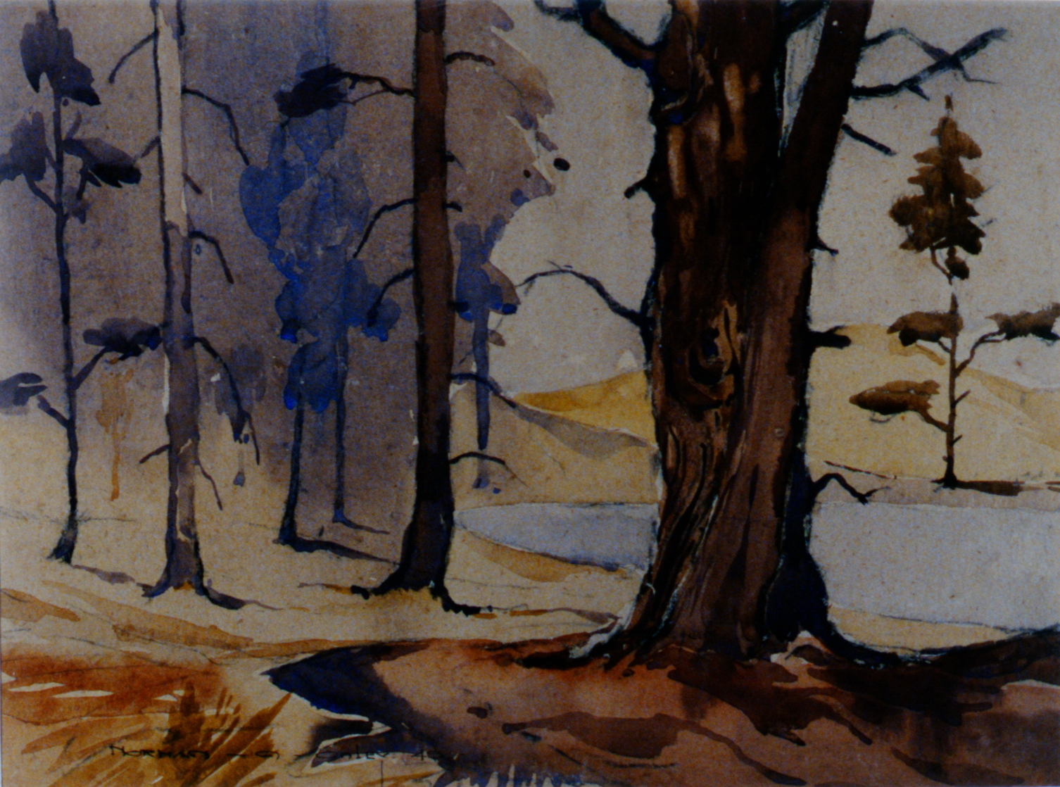 Near Galt , Ontario , 1949, Toni Onley, watercolour on grey card stock, 29 cm x 39 cm, 2002.07.01. Gift of Katherine Lytle.