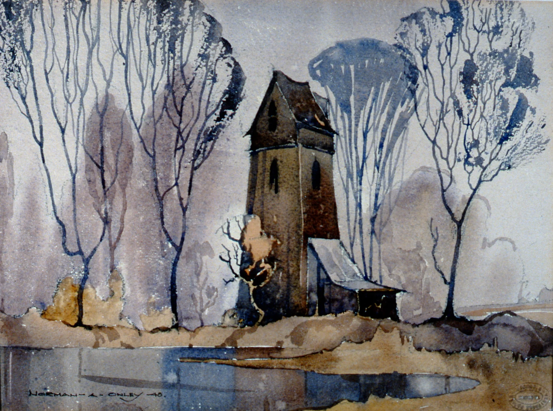 Old Power House, Blair, Ireland , 1948, Toni Onley, watercolour on watercolour paper, 28 cm x 38 cm, 2002.07.02. Gift of Katherine Lytle.
