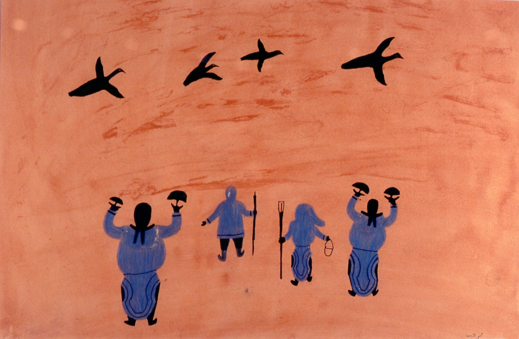 Figures and Birds , 1977/78, Lucy Quinnuakuak, acrylic and crayon on paper, 38 cm x 56 cm, 2003.06.01, gift of Mrs. Rosita Tovell