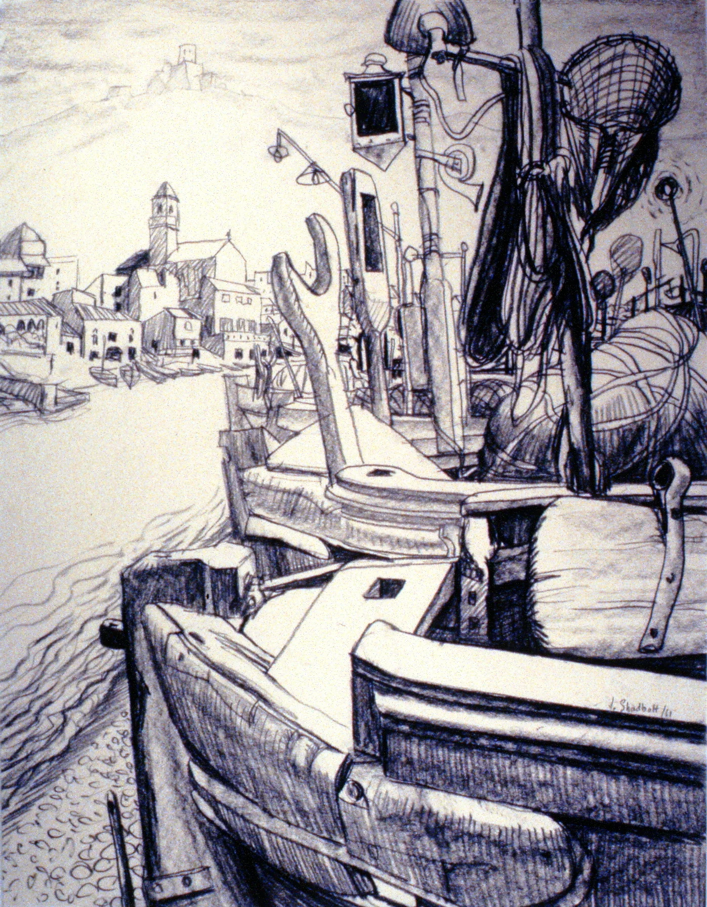 Boats , 1961, Jack Shadbolt, graphite, 65 cm x 50 cm, 1971.01.01, gift of the Community Arts Council in memory of Margaret Patterson