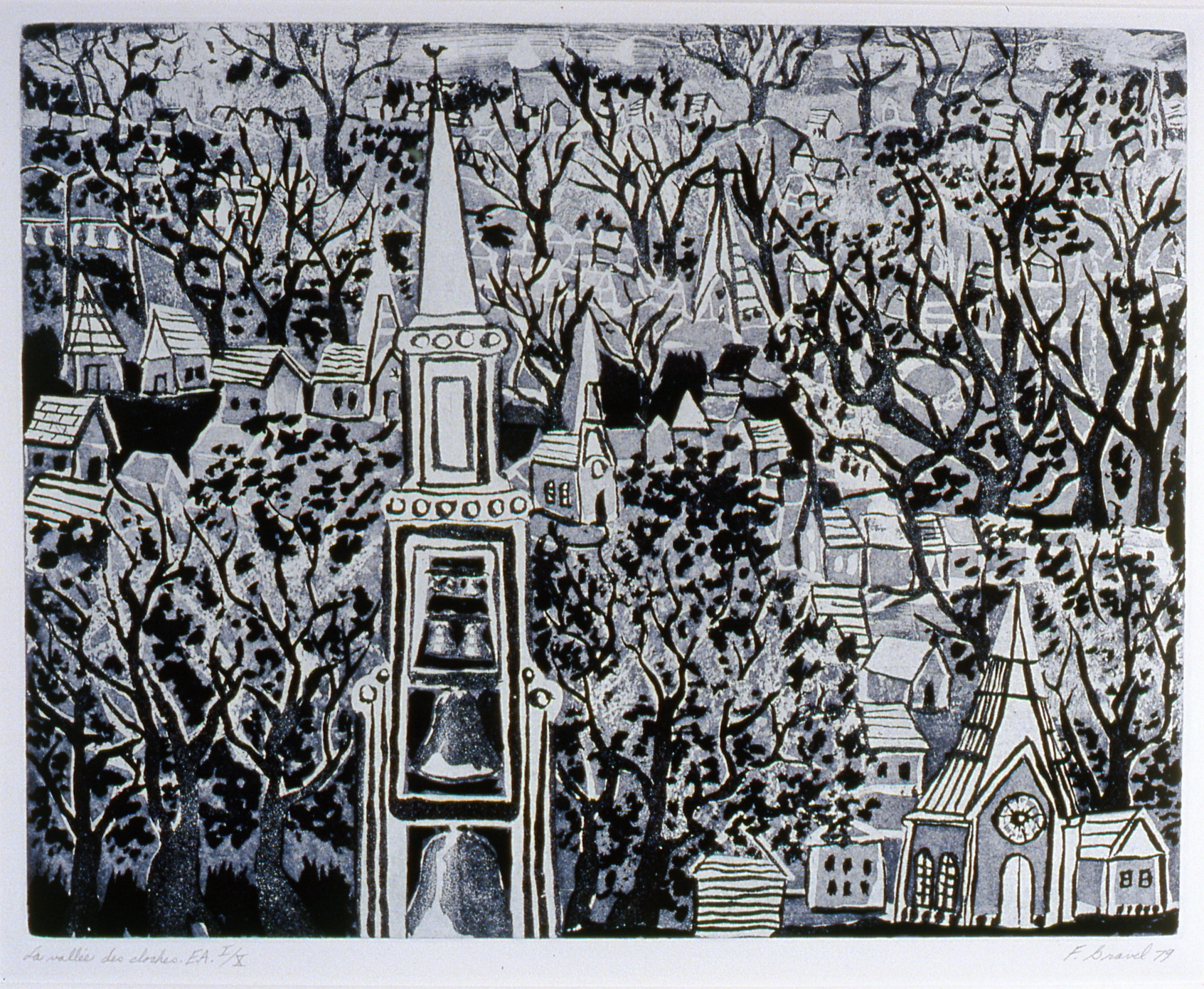 La Vallée des Cloches , 1979, Francine Gravel, aquatint E.A. I/X, 13 3/4" x 17 1/2", 2004.01.01, gift of the artist