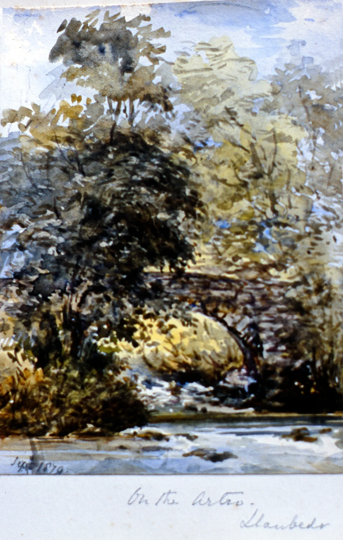 On the Artro, Daubeds (?) , September 1879, Julia Bullock Webster, watercolour on paper, 5 5/8" x 4 1/8", 2003.02.48, gift of The Grist Mill at Keremeos